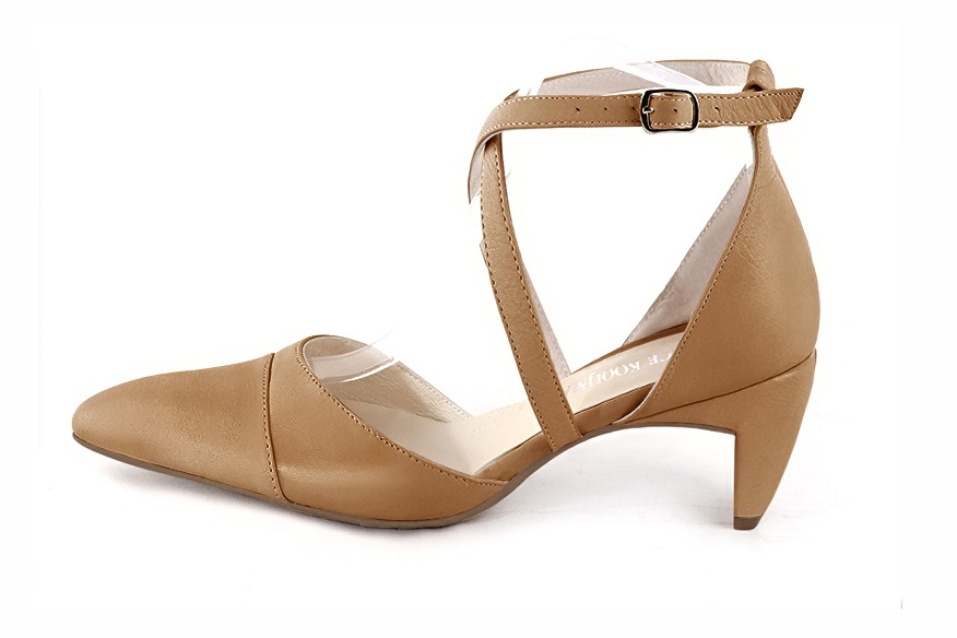 Camel beige women's open side shoes, with crossed straps. Tapered toe. Medium comma heels. Profile view - Florence KOOIJMAN